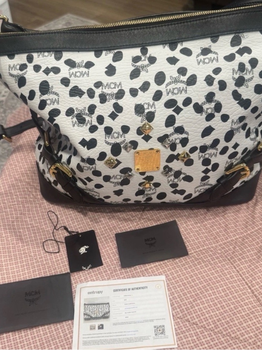 MCM LOVELESS Collaboration Dalmatian Studs womens Tote Bag Purse, COA Dust Bag